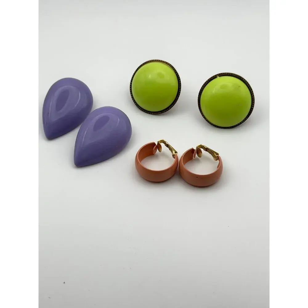 3 Pair Vintage Pastel Earrings Bundle Lavender Peach Lime Green